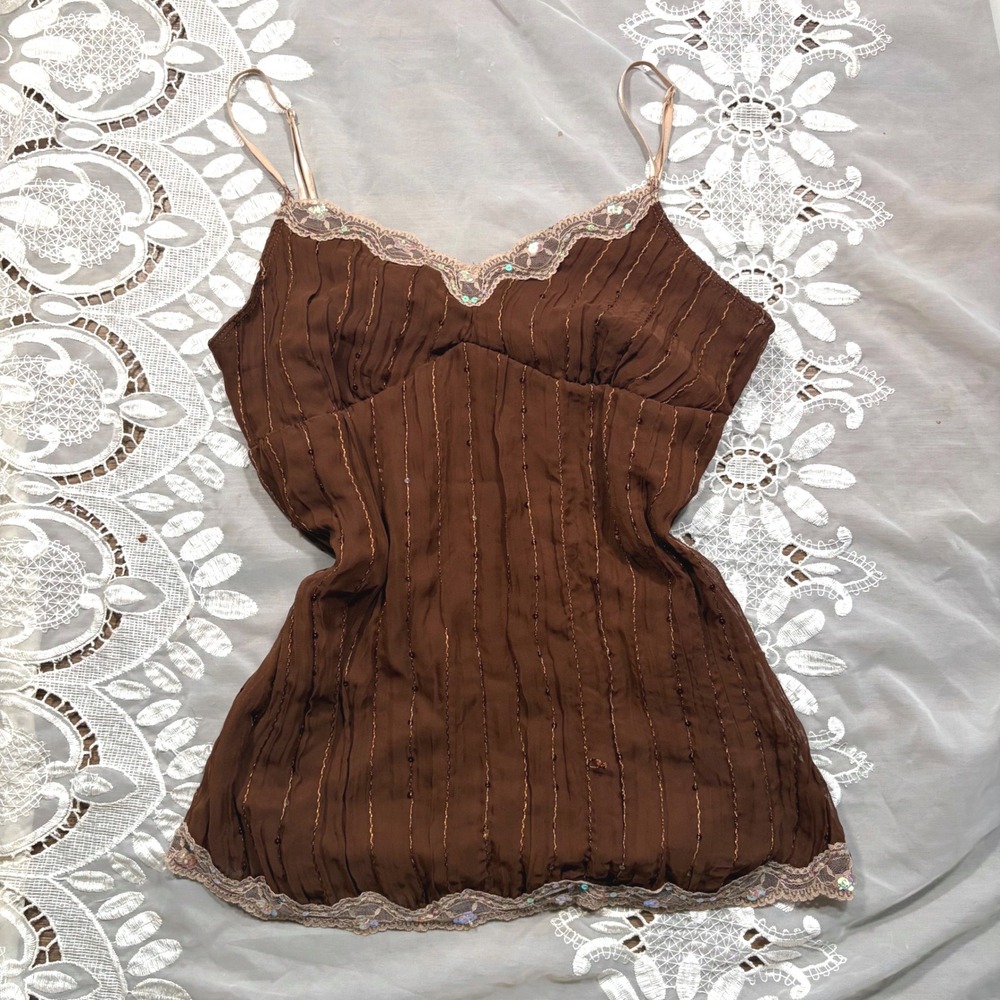 Y2K Babydoll No Boundaries Brown Sequin Lace Trim Cami Top Pleated Fairycore L